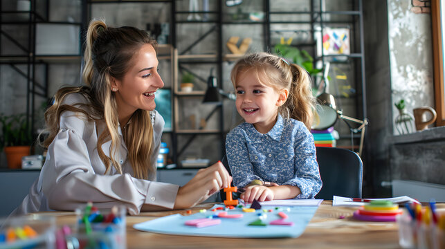 Female speech therapist working on dyslexic kid's problems and impediments. Happy child together with speech language pathologist sitting at a desk in modern office, playing fun ga
