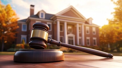 Wooden gavel resting table front large house is Photo