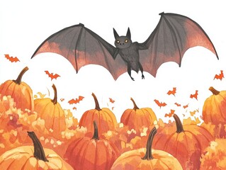 Fototapeta premium A watercolor illustration of a bat flying above a pile of pumpkins