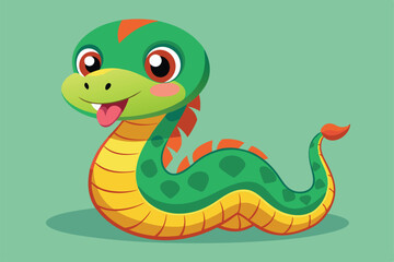 Fototapeta premium A cute cartoon snake with vibrant colors happily looks around, showcasing its playful personality in a lively setting.