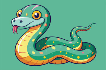 Fototapeta premium A charming snake with a playful expression and vibrant colors rests on a soft green background, showcasing its friendly character and lively design.