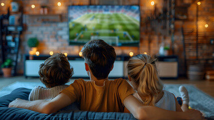 Football match, leisure and happy family sport fan pastime together. Excited parent with overjoyed children watching soccer game on tv sitting on floor carpet in living room at home