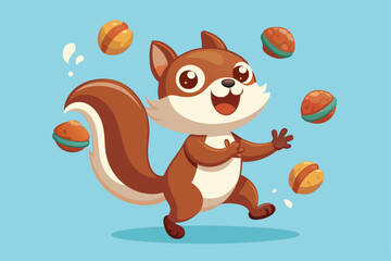 A cheerful squirrel skillfully juggles multiple nuts, showcasing its playful nature against a vibrant background.