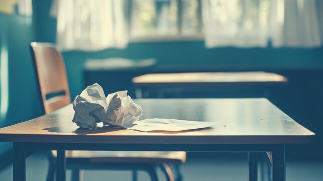  crumpled notes or letters left on a school desk, symbolizing rejection or unkind messages