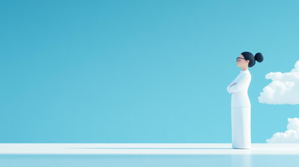 Obraz premium A serene 3D image of a young woman in a white sweater, lost in thought and imagining her dreams, reflecting emotions beautifully.