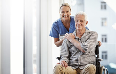 Portrait, nurse and patient with wheelchair, support and healing with compassion, friendly service...