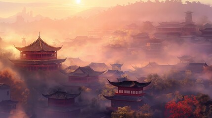 anime background of mistery temple on the top of mountain