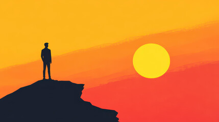 A man gazes at a vibrant sunset from a cliff, capturing the essence of adventure and wanderlust in this stunning art piece.