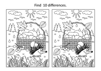 Basket with mushrooms difference game. Hedgehog, rowan, falling leaves. Autumn wonders.
