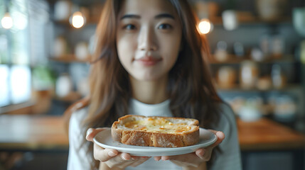 Gluten allergy, asian young woman hand push out, refusing to eat white bread slice on plate in breakfast food meal at home, girl having a stomach ache. Gluten intolerant and Gluten