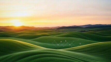 Obraz premium Company targets slides shown on a modern digital interface with a breathtaking view of rolling hills at dawn, symbolizing the pursuit of excellence
