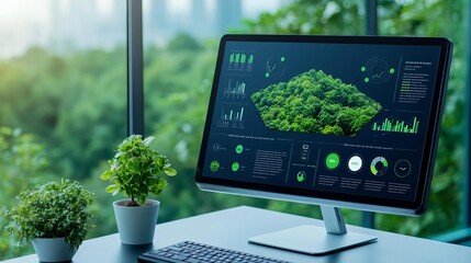 Business tactics slides on a high-tech monitor, with a stunning aerial view of forested hills, symbolizing strategic moves and tactical planning in business