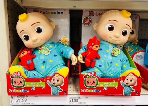 Cocomelon's JJ toy on display at a toy store.