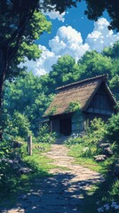 Fototapeta premium Japanese Anime Landscape with Scenic Mountains, Cherry Blossoms, and Sunset Sky - Fantasy Art Background