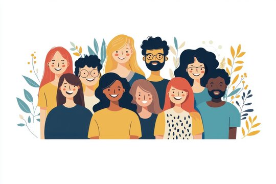 A diverse group of smiling individuals standing together amidst decorative plants, showcasing unity and friendship.