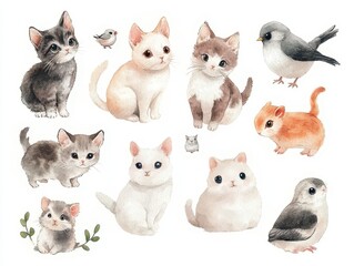Watercolor Illustration of Cute Kittens, Birds, and a Hamster