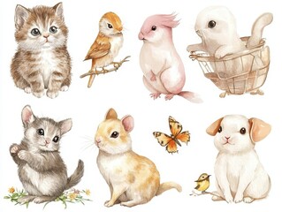 Fototapeta premium Watercolor Illustration of Adorable Baby Animals and Birds