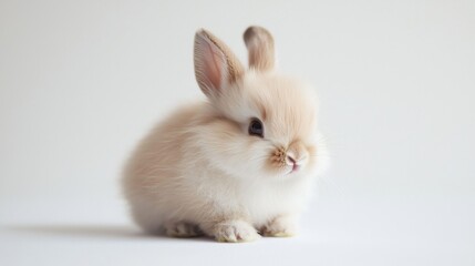 Adorable fluffy bunny sitting peacefully on a white background, perfect for conveying innocence and nature's beauty.