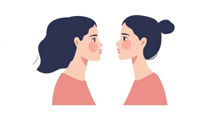 Fototapeta premium Woman examining her reflection concerned about facial acne in a flat design style on a white background Skin blemish issue