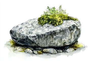 A serene rock covered in green moss and small plants, symbolizing nature's beauty and resilience in a tranquil setting.