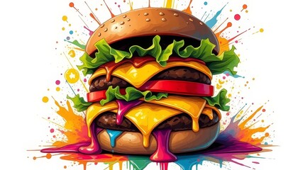 Vibrant Cheeseburger with Colorful Abstract Explosion Background