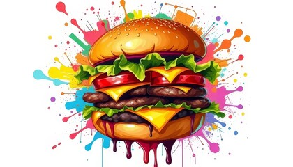 Vibrant Cheeseburger with Colorful Abstract Explosion Background