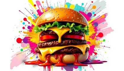 Vibrant Cheeseburger with Colorful Abstract Explosion Background