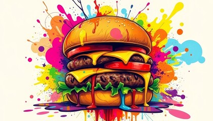 Vibrant Cheeseburger with Colorful Abstract Explosion Background
