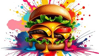Vibrant Cheeseburger with Colorful Abstract Explosion Background