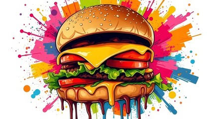 Vibrant Cheeseburger with Colorful Abstract Explosion Background