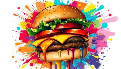 Vibrant Cheeseburger with Colorful Abstract Explosion Background