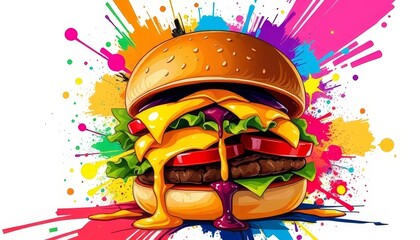 Vibrant Cheeseburger with Colorful Abstract Explosion Background
