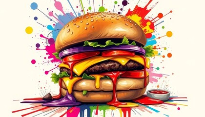 Vibrant Cheeseburger with Colorful Abstract Explosion Background