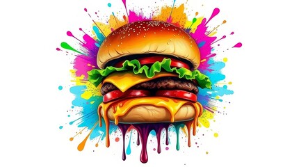 Vibrant Cheeseburger with Colorful Abstract Explosion Background