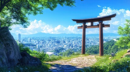 Japanese Anime Landscape with Scenic Mountains, Cherry Blossoms, and Sunset Sky - Fantasy Art Background