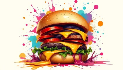 Vibrant Cheeseburger with Colorful Abstract Explosion Background