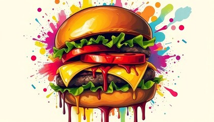 Vibrant Cheeseburger with Colorful Abstract Explosion Background
