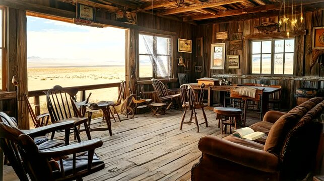 Old Western saloon with wooden furniture and vintage decor, overlooking desert landscape. Seamless looping time-lapse video background