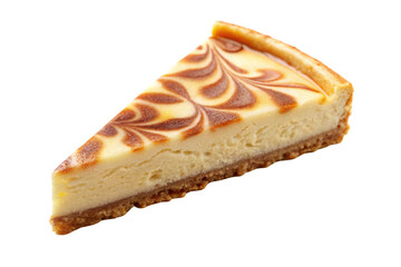 A cheesecake slice, featuring a similar artistic swirl pattern on top but with a slightly different design and perspective, on a transparent background
