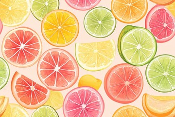 Fototapeta premium Vibrant arrangement of assorted citrus slices on a pastel background, showcasing fresh lemons, limes, grapefruits, and oranges.