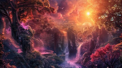 Illustrate a dream-like panorama of a tranquil oasis brimming with life, ironically situated on the incandescent surface of the sun, juxtaposed against a backdrop of playful and enchanted forest