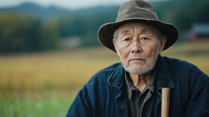 An elderly farmer stands proudly in his field, reflecting years of toil under the sun amidst the serene Korean landscape.