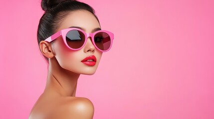 Trendy fashion model showcases stylish sunglasses against a minimalistic backdrop, exuding chic vibes.