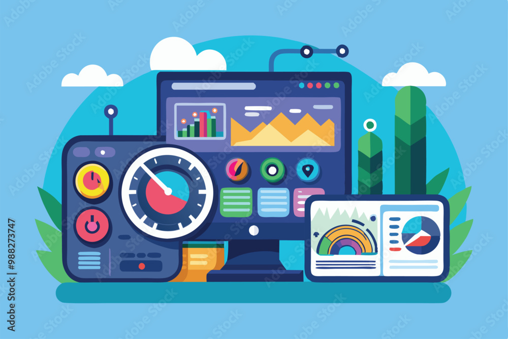 Poster a vibrant dashboard showcases customizable data visualization tools, metrics, and analytics within a