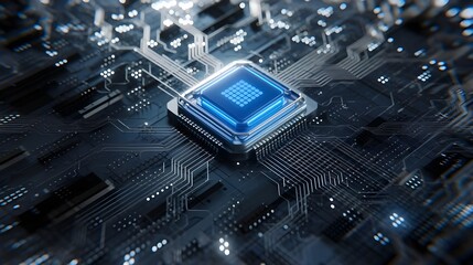 Fototapeta premium a microchip integrated into a glowing circuit board, Integrated circuits, Tech innovation,