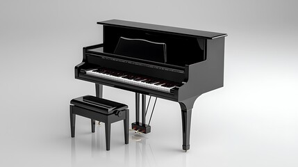 A black grand piano and stool sit elegantly on a white background, a striking contrast in monochrome.