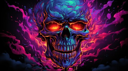 ネオンカラーの骸骨の顔イラスト,Generative AI AI画像