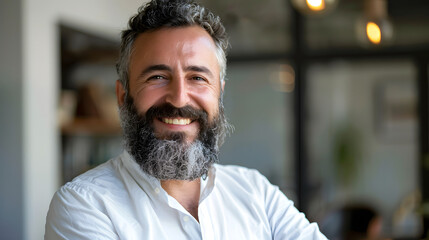 Happy cheerful man with thick beard, moustache and friendly positive smiling face. Portrait of professional entrepreneur, white collar office worker, corporate manager, college