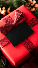 A vibrant red gift box adorned with a shiny ribbon sits among holiday ornaments, hinting at seasonal celebrations during Black Friday promotional events