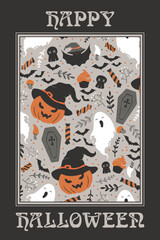 Fototapeta premium Happy Halloween vector illustration with cute pumpkins in witch hat, ghost, sweets, bats, skulls pattern in frame isolated on black background. Design for card, poster, invitation, banner